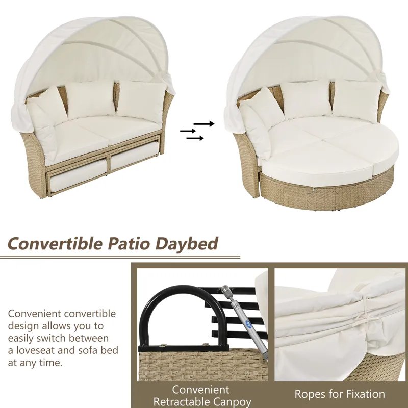Outdoor Patio Daybed Wicker Rattan Double Daybed Round Sofa Furniture Set With Retractable Canopy, 4