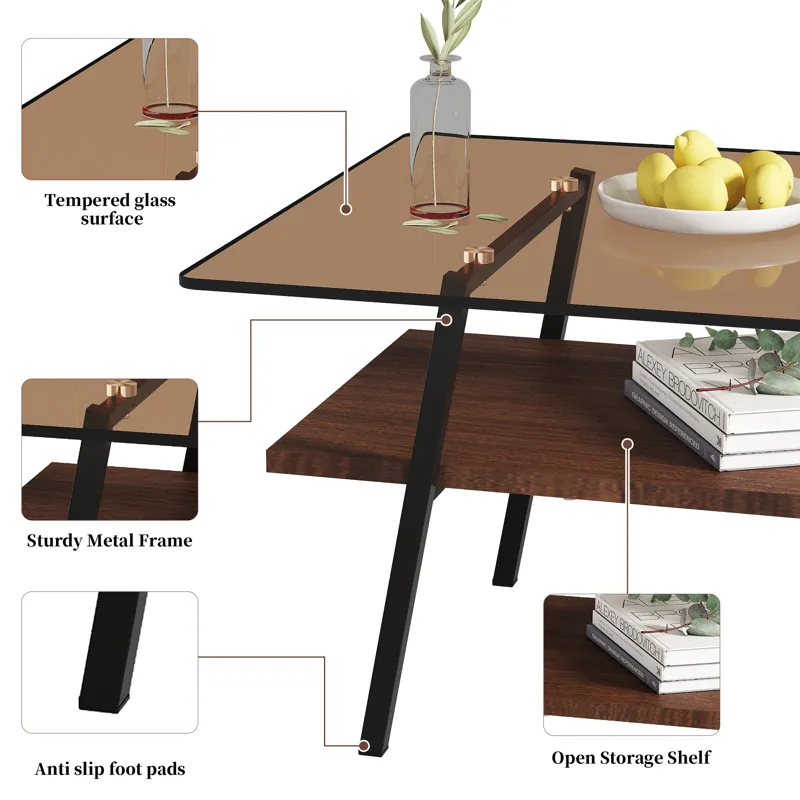 Rectangle Coffee Table, Tempered Glass Tabletop With Metal Legs, Modern Table For Living Room - Brow