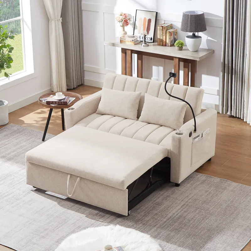 Convertible Sofa Bed Loveseat Sofa With Three USB Ports, Two Side Pockets, Two Cup Holders And 360° 
