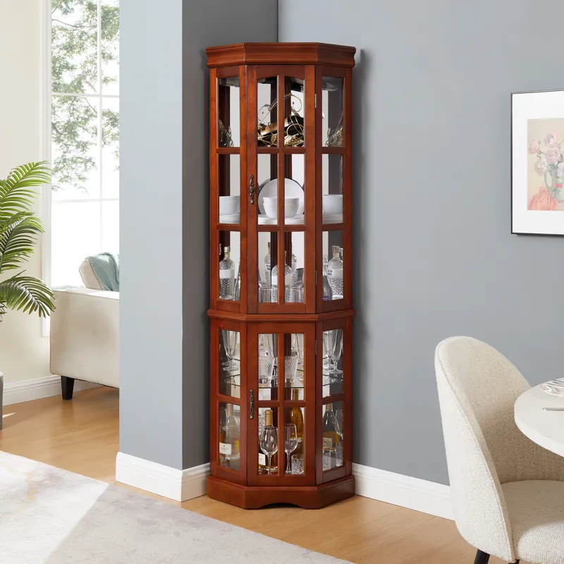 Corner Curio Cabinet With 5 Shelves And Lighting System (E26 Light Bulb Not Included) - Walnut