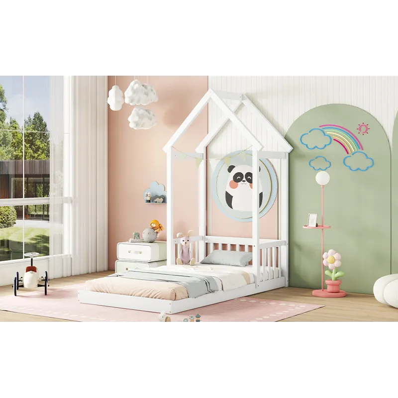 Twin House-Shaped Roof Headboard Floor Bed, (Without Slats) - White