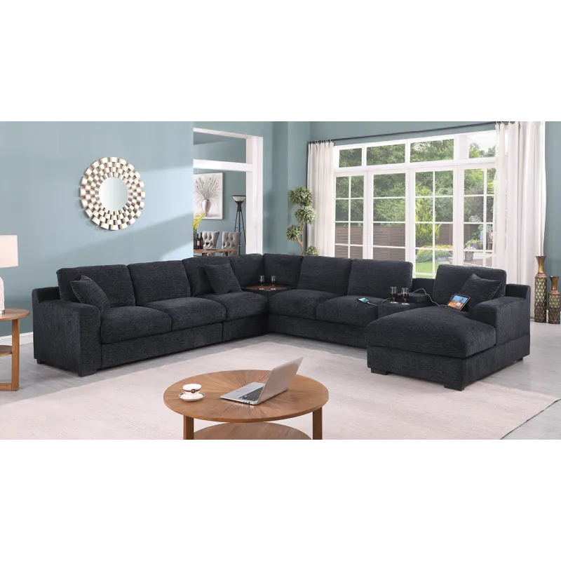 Celine - Chenille Fabric Corner Sectional Sofa With Right-Facing Chaise, Cupholders, And Charging Ports - Dark Gray