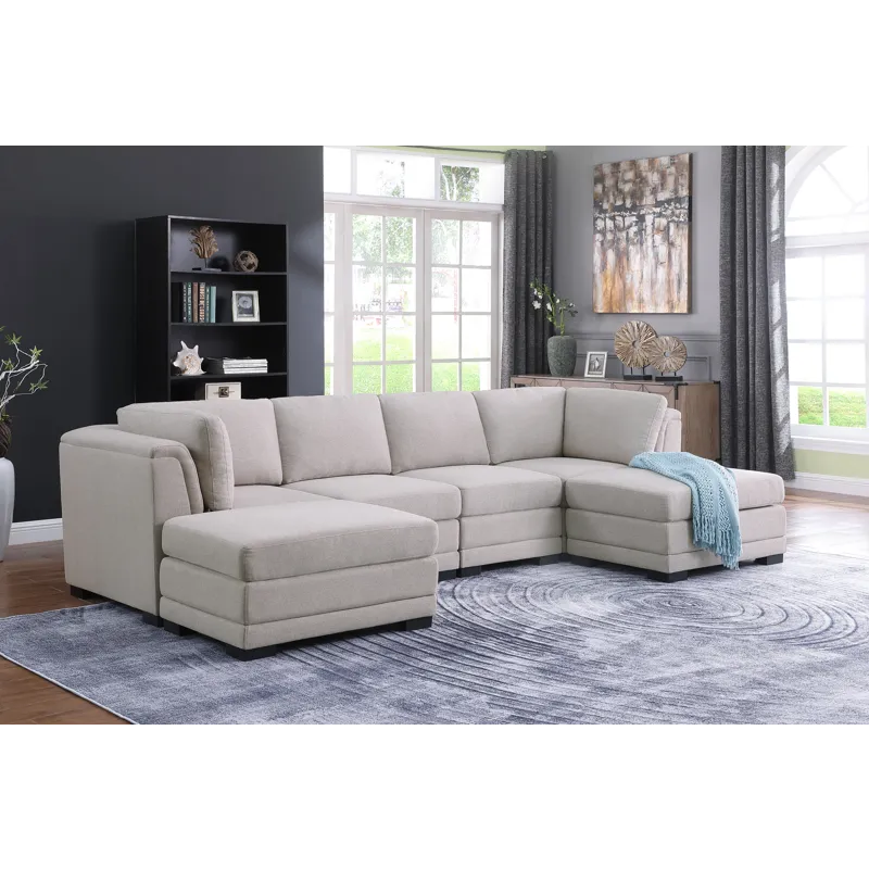 Kristin - Linen Fabric Reversible Sectional Sofa With 2 Ottomans - Light Gray