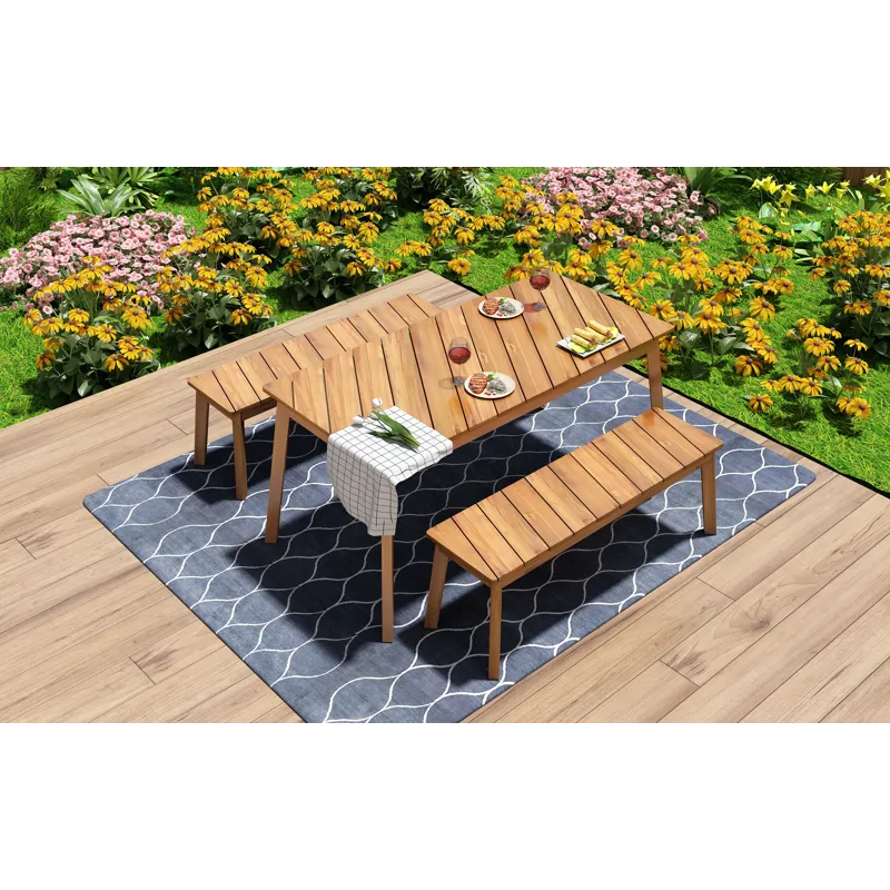 3 Pieces Acacia Wood Table Bench Dining Set For Outdoor & Indoor Furniture With 2 Benches, Picnic Be