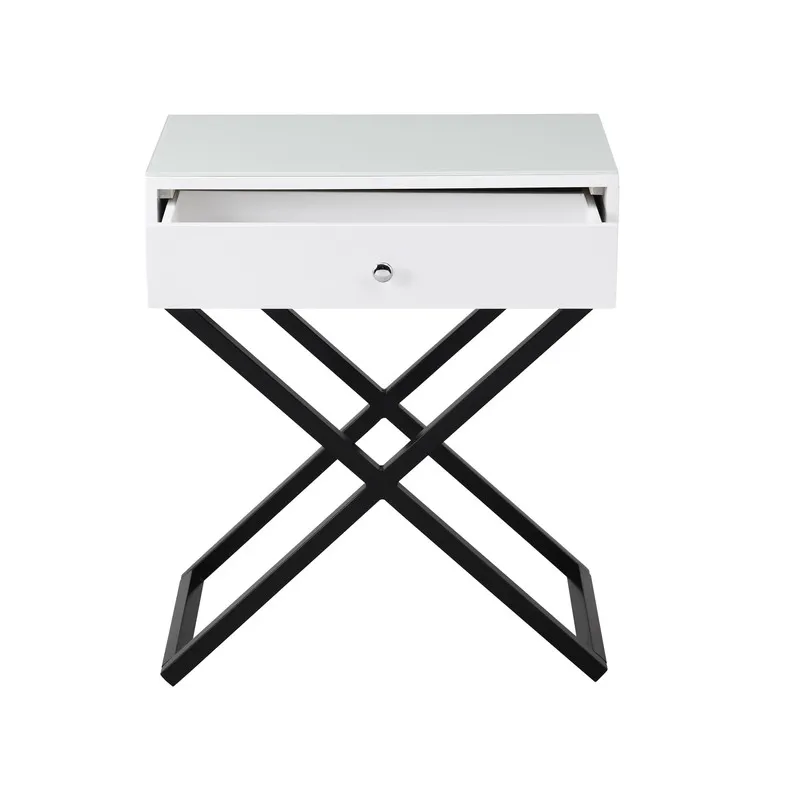 Koda - Wooden End Side Table Nightstand With Glass Top, Drawer And Metal Cross Base - White