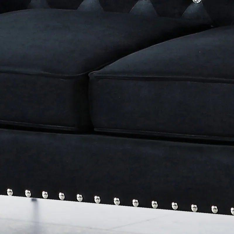 Wide Sofa With Jeweled Buttons Square Arm, 2 Pillows - Black