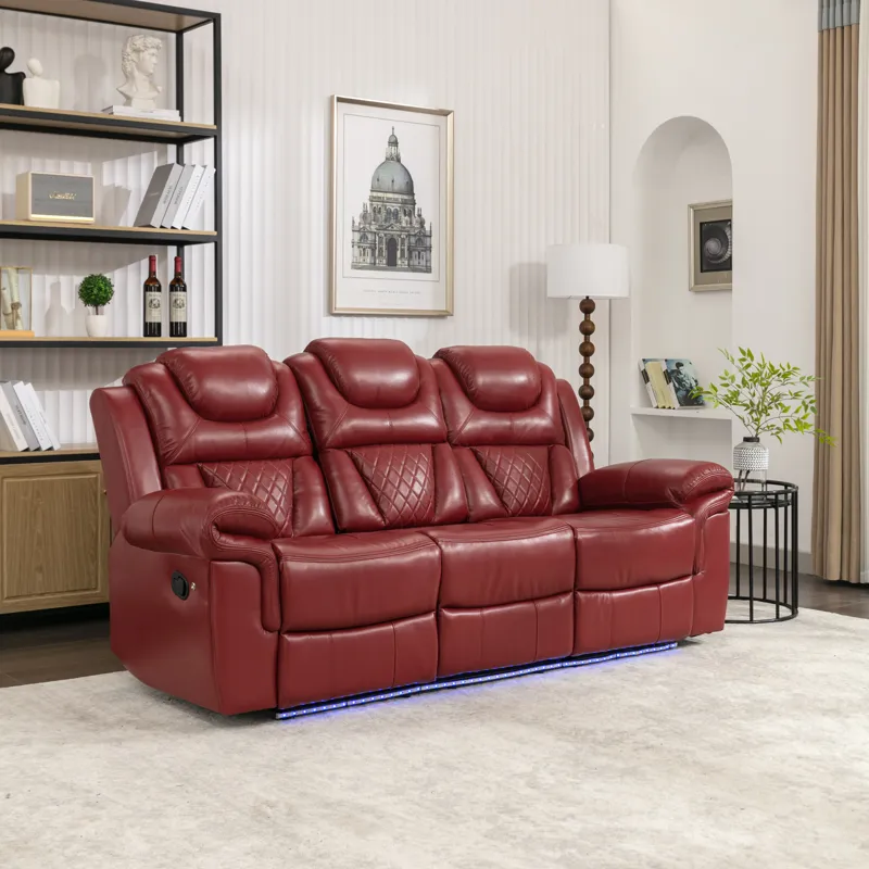 Home Theater Seating Manual Recliner Chair With Center Console And Led Light Strip For Living Room -