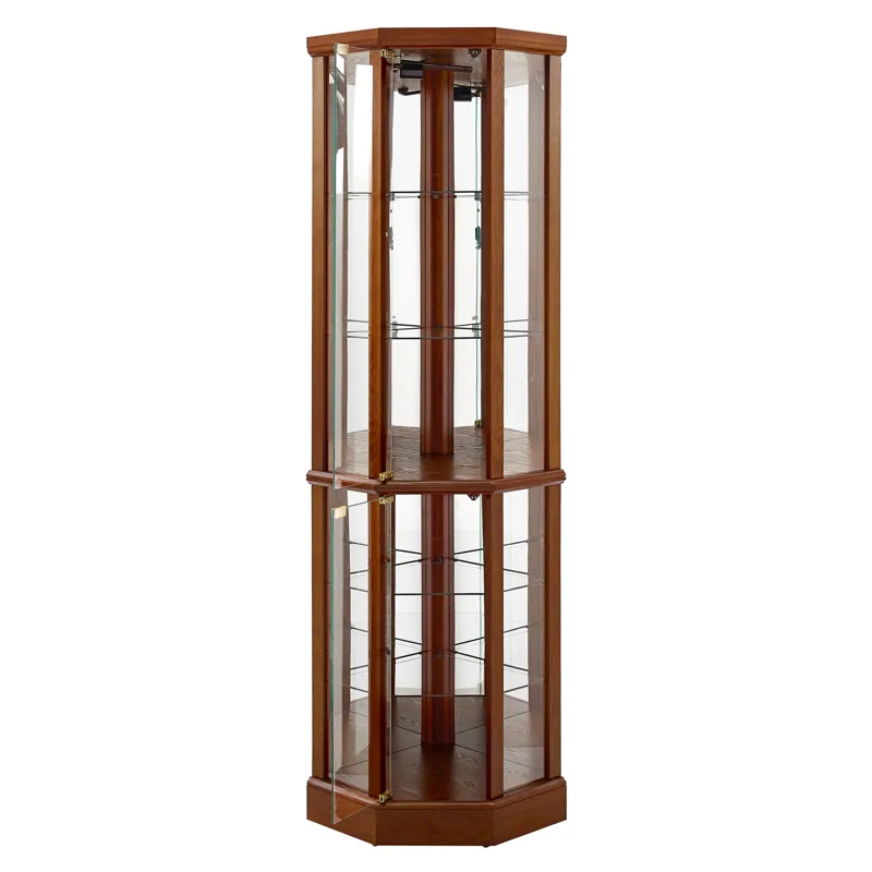 6 Shelf Lighted Corner Curio Cabinet With Adjustable Tempered Glass Shelves And Mirror Back (E26 Light Bulb Not Included) - Walnut