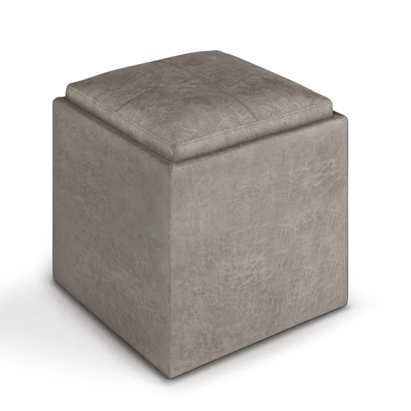 Rockwood - Cube Storage Ottoman with Tray - Distressed Grey Taupe