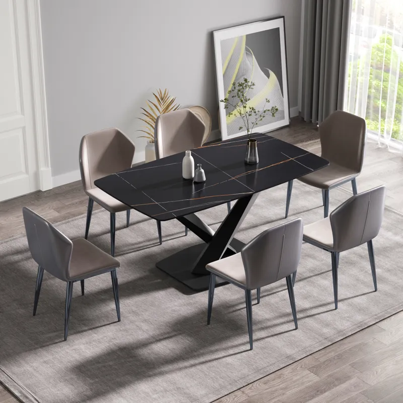 63\" Artificial Stone Black Curved Black Metal Leg Dining Table - Black