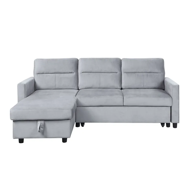 Ruby - Velvet Reversible Sleeper Sectional Sofa With Storage Chaise And Side Pocket - Light Gray