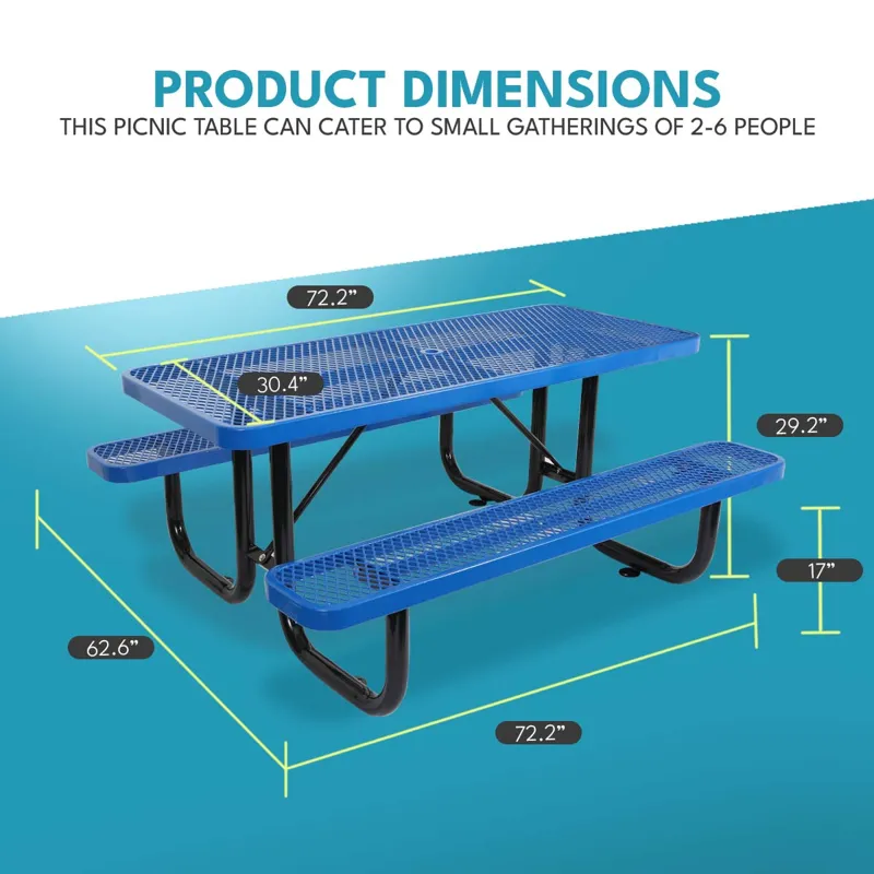 Outdoor Steel Picnic Rectangular Table With Umbrella Pole - Blue