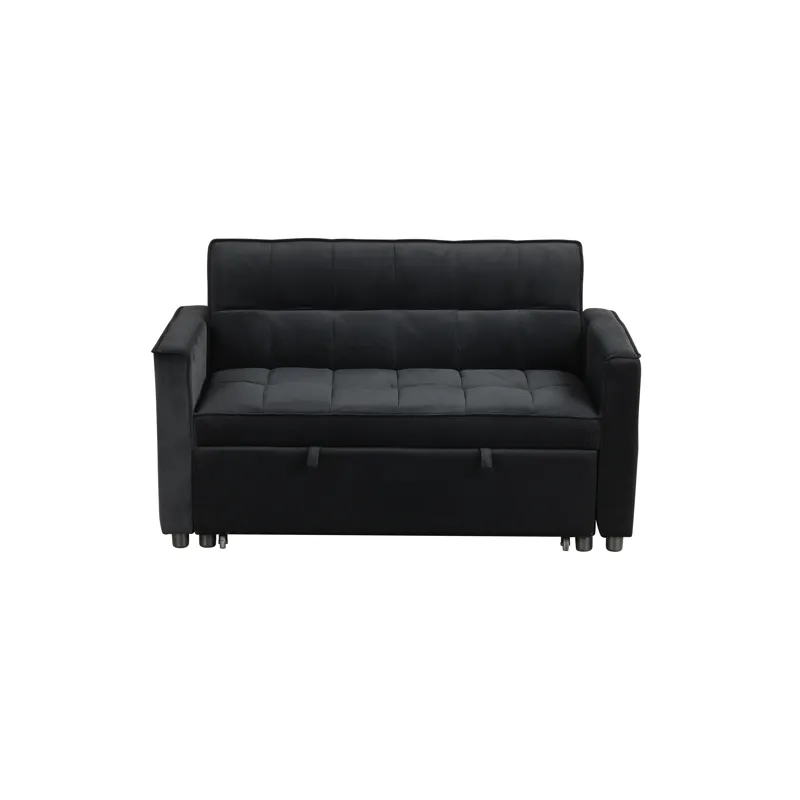 Maeve - 53.5\"W Black Velvet Convertible Sleeper Loveseat With Tufting and Side Pocket