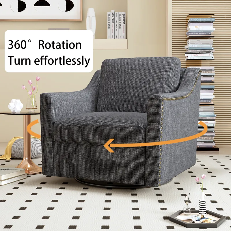 360 Degree Swivel Armchair Cotton Linen Skin-Friendly Fabric Ergonomic Design Brass Nail Decorative 
