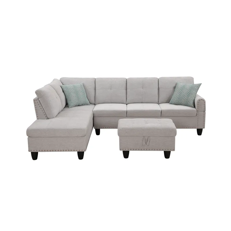 Alger - 98" Wide Left Hand Facing Sofa & Chaise With Ottoman - Light Gray