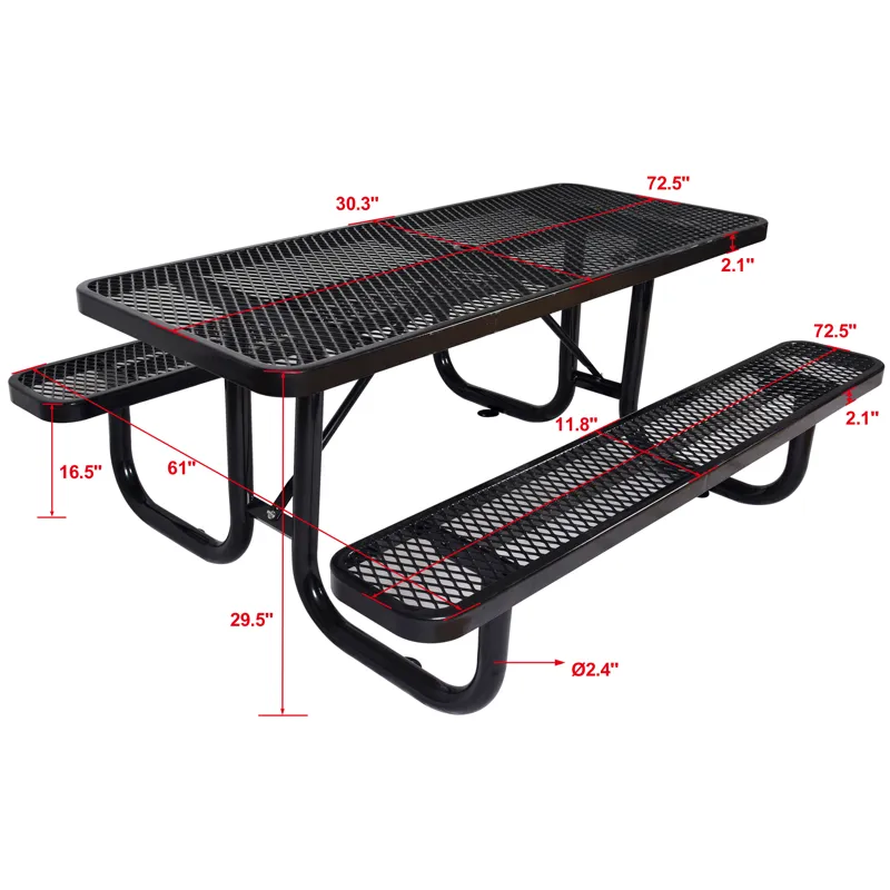 Rectangular Outdoor Steel Picnic Table With Umbrella Pole - Black