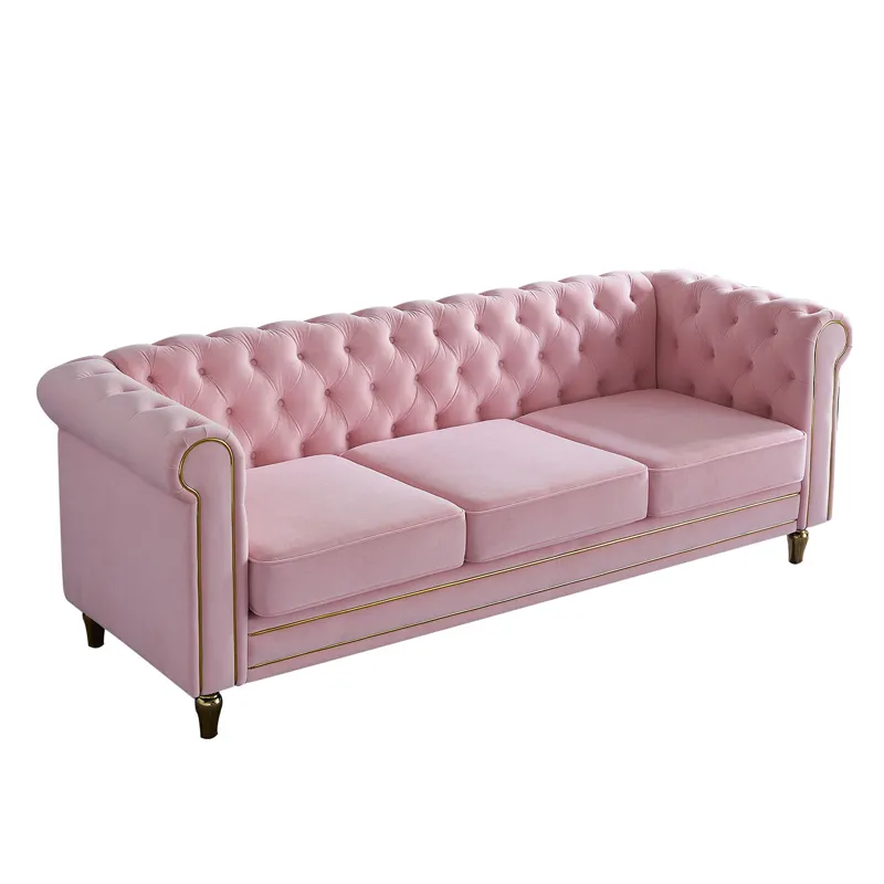 Chesterfield - Velvet Sofa 84.65\" For Living Room - Pink