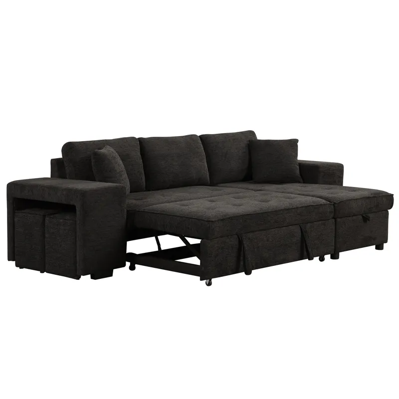 Modern L-Shape 3 Seat Reversible Sectional Couch, Pull Out Sleeper Sofa With Storage Chaise And 2 St