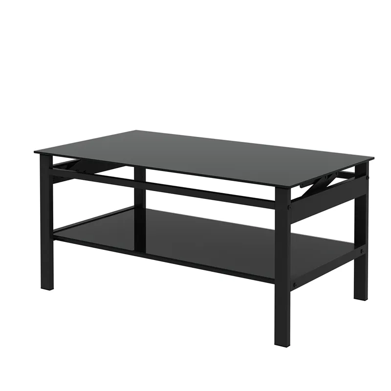 Glass Lift Top Coffee Table, Modern Simple 2-Layer Tempered Glass Coffee Table For Living Room - Bla