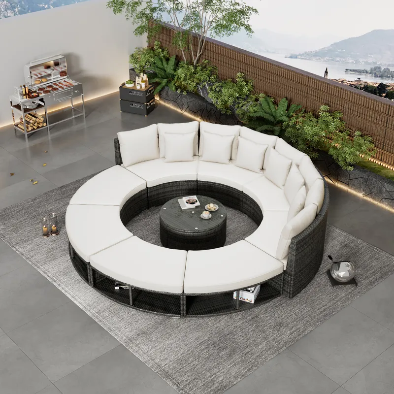 Outdoor Patio Furniture Luxury Circular Sofa Set Rattan Wicker Sectional Sofa Lounge Set With Temper