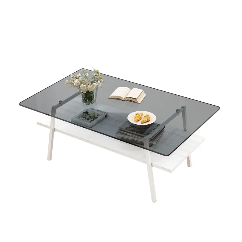 Rectangle Coffee Table, Tempered Glass Tabletop With White Metal Legs, Modern Table For Living Room 