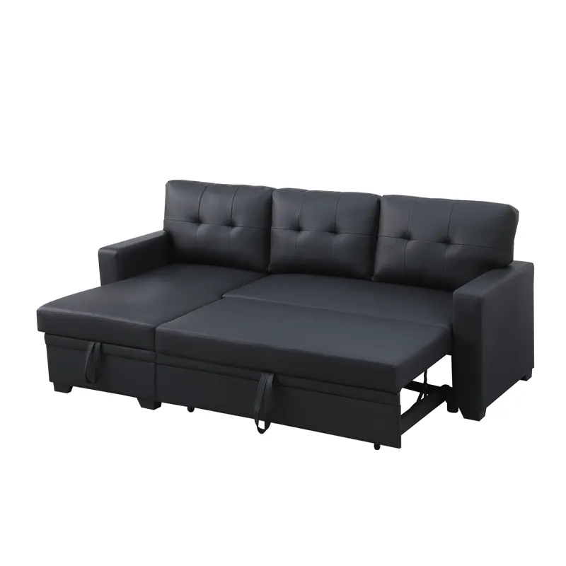 Upholstered Pull Out Sectional Sofa With Chaise - Black