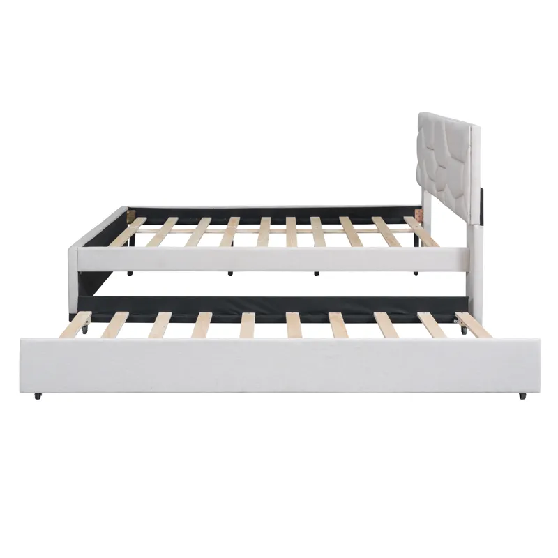 Full Size Upholstered Platform Bed With Brick Pattern Headboard And Twin Size Trundle, Linen - Beige