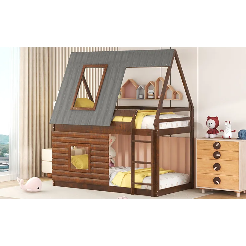 Wood Twin Size House Bunk Bed With Roof, Ladder And 2 Windows - Oak & Smoky Gray