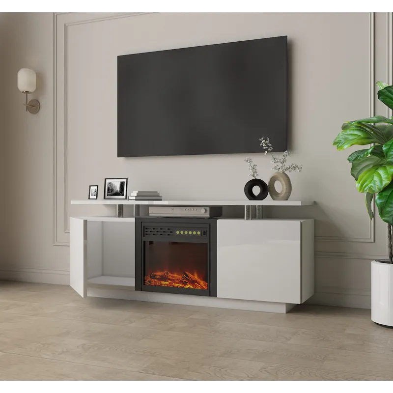 TV Cabinet, TV Unit With Fireplace, Have Heat And Flame Color Changes - White