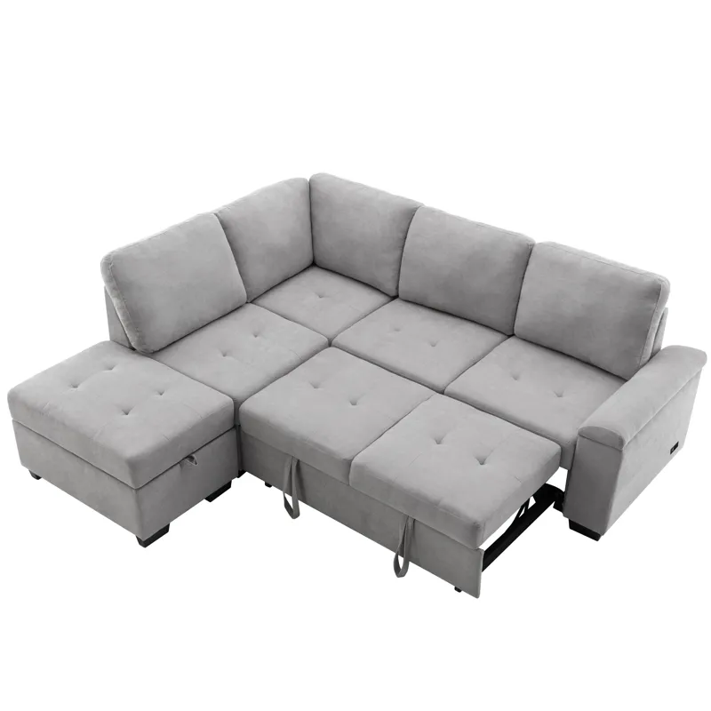 Sleeper Sectional Sofa, L-Shape Corner Couch Sofa - Bed With Storage Ottoman & Hidden Arm Storage & 