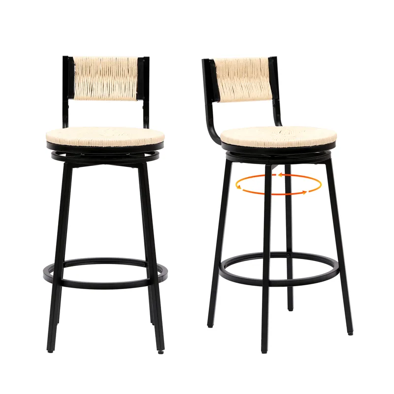 Bar Stools Swivel Counter Chairs With Metal Frame (Set of 2) Hand Woven Paper Rope Dining Barstools 
