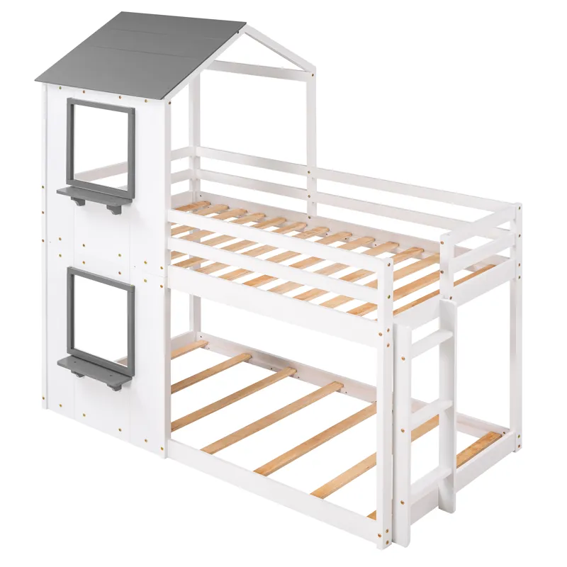 Twin Over Twin Bunk Bed Wood Bed & Roof, Window, Guardrail, Ladder - White