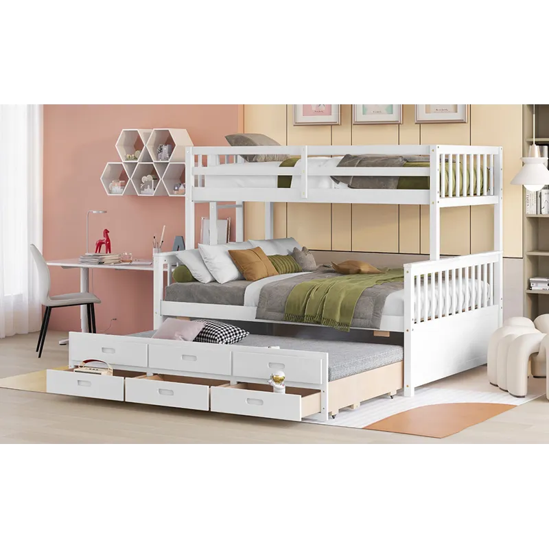 Twin Over Full Bunk Bed With Twin Size Trundle, Separable Bunk Bed With Drawers For Bedroom - White