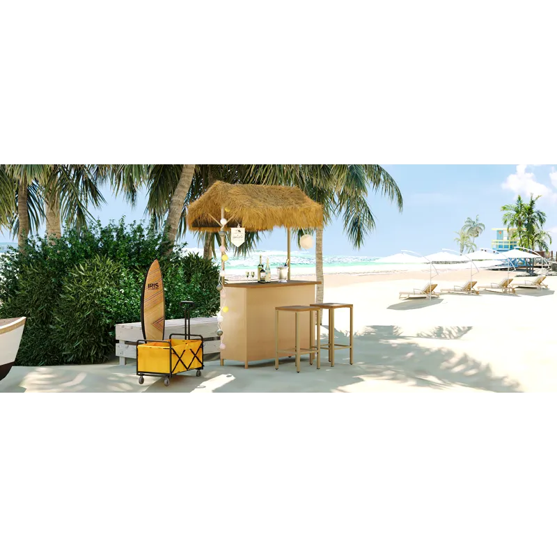 Hawaiian-Style Bar Height Patio Set With PE Grass Canopy, Outdoor Bar Table And Stools With Adjustab