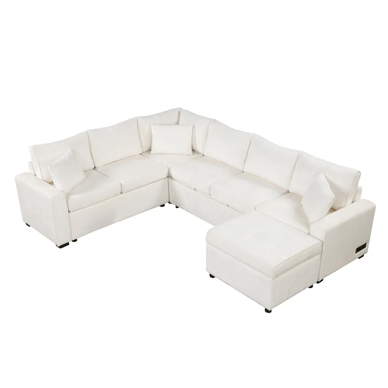 Sectional Sofa Pull-Out Sofa Bed Sleeper With A Storage Ottoman, Three Pillows And Charging Devices 