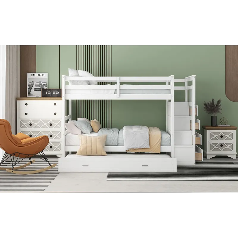 Twin Over Twin Bunk Bed With Trundle And Staircase - White