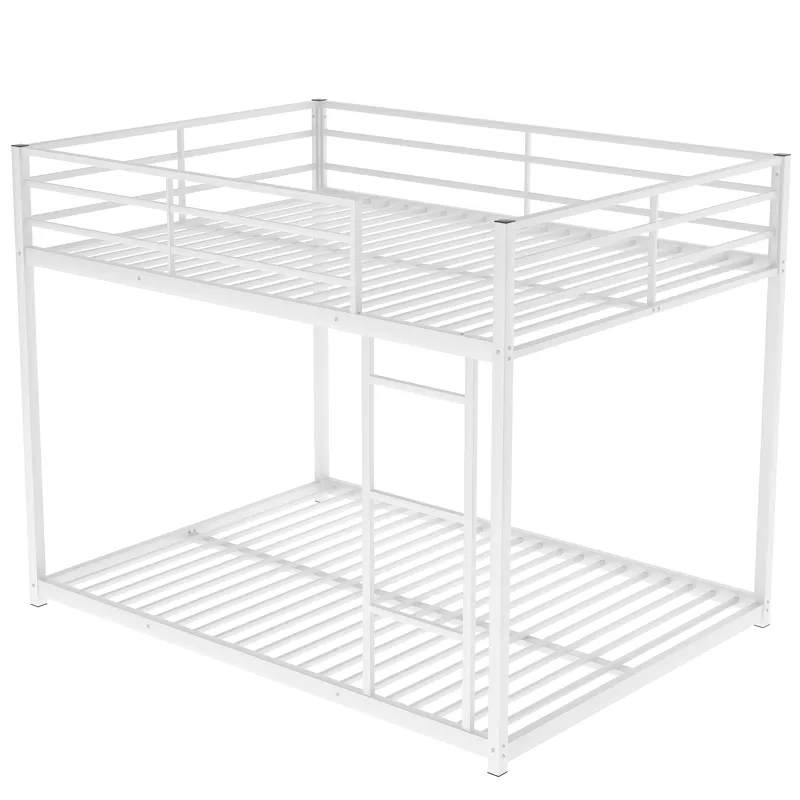 Full Over Full Metal Bunk Bed, Low Bunk Bed With Ladder - White