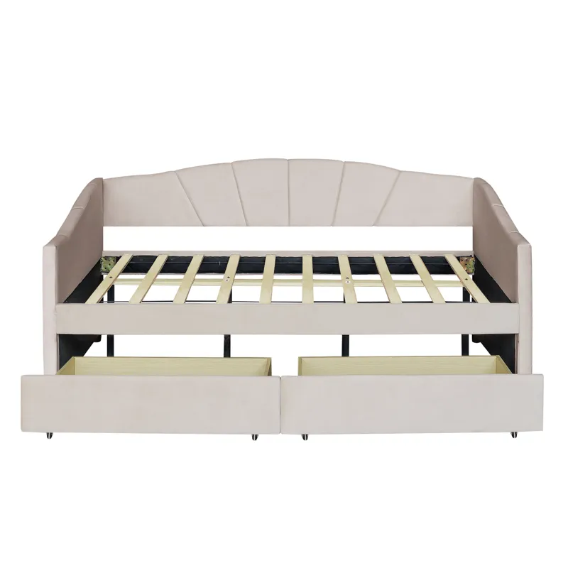 Twin Size Upholstered Daybed With Two Drawers And Wood Slat - Beige