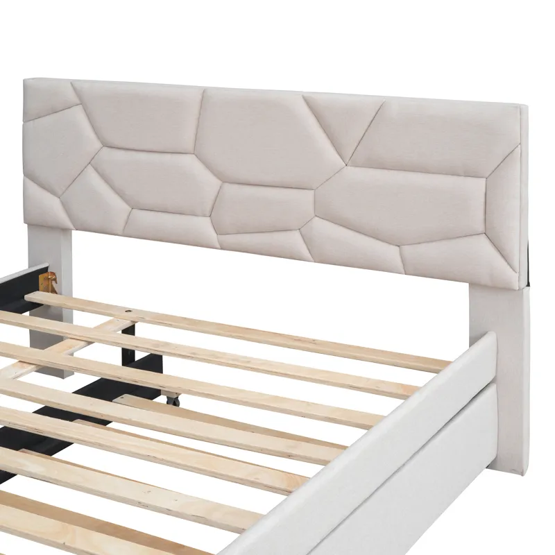 Full Size Upholstered Platform Bed With Brick Pattern Headboard And Twin Size Trundle, Linen - Beige