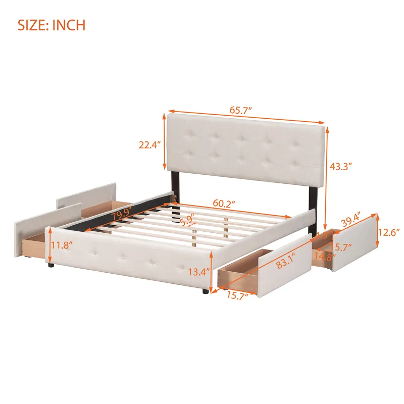 Queen Size Upholstered Platform Bed With Classic Headboard And 4 Drawers, No Box Spring Needed - Bei