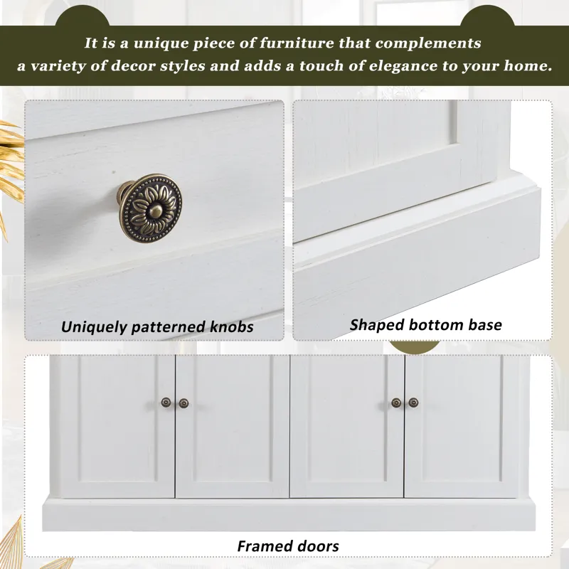 Kitchen Sideboard Storage Buffet Cabinet With 2 Drawers & 4 Doors Adjustable Shelves For Dining Room, Living Room - Antique White