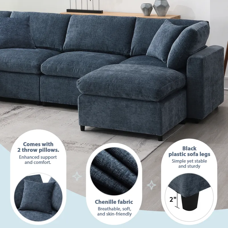 Modern Modular Cloud Sofa Bed, 6 Seat Chenille Sectional Couch Set With Ottoman, Free Combination, C