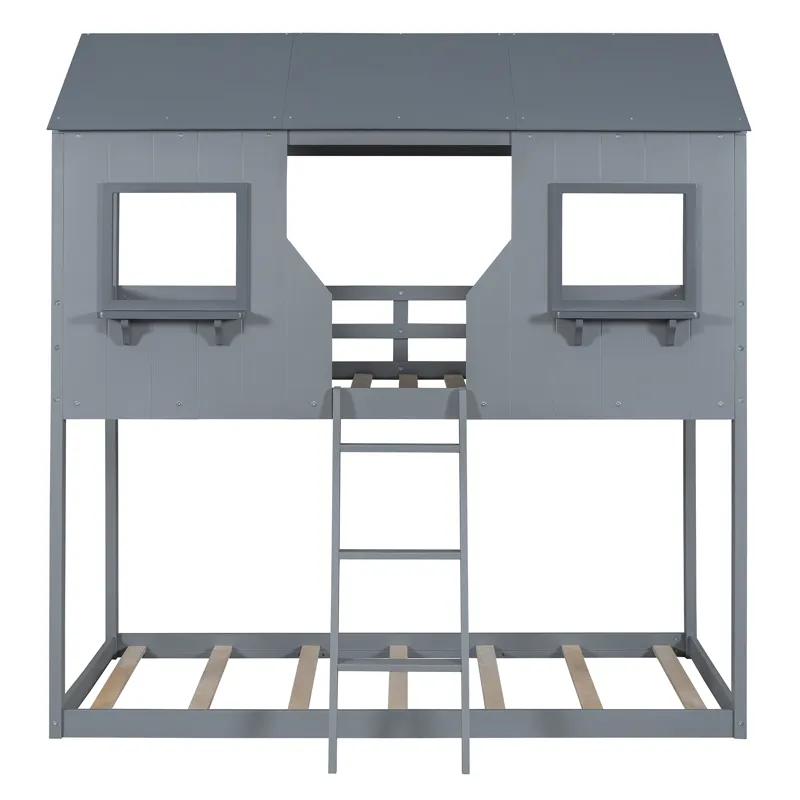 78\" Twin Over Twin Bunk Bed Wood Bed With Roof, Window, Guardrail, Ladder - Gray