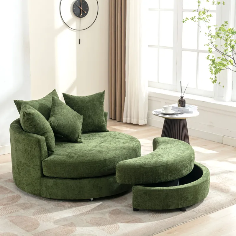 360° Swivel Accent Barrel Chair With Storage Ottoman & 4 Pillows, Modern Chenille Leisure Chair Roun