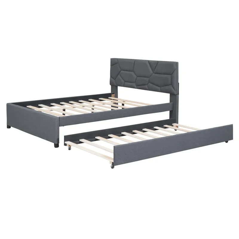 Full Size Upholstered Platform Bed With Brick Pattern Headboard And Twin Size Trundle, Linen - Gray