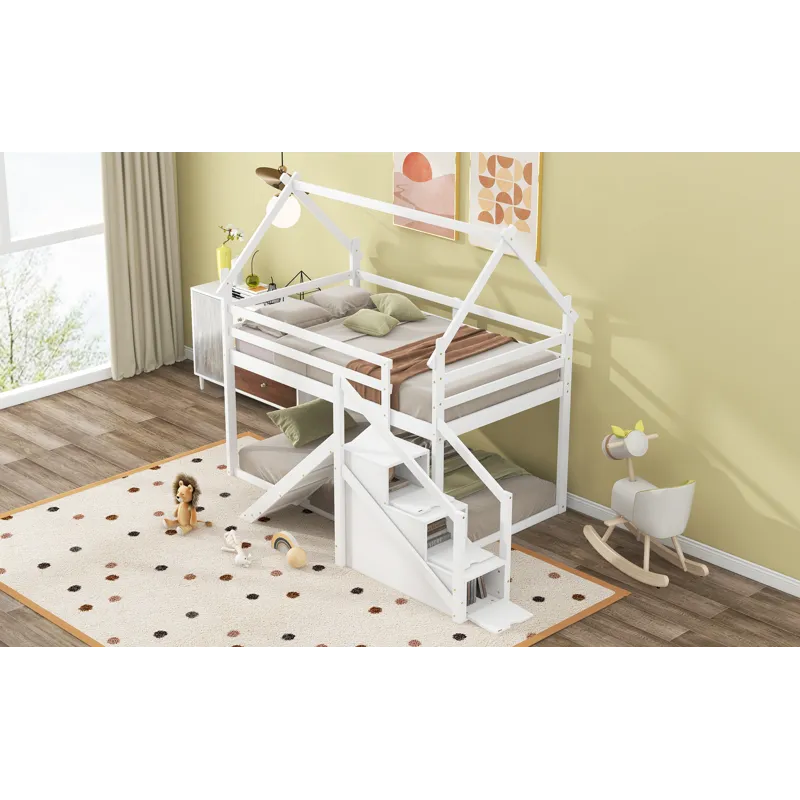 Twin Over Twin House Loft Or Bunk Bed With Slide And Staircase - White