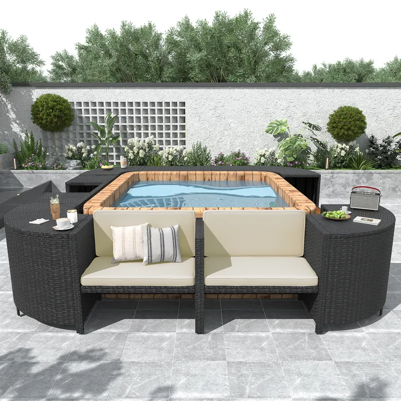 Spa Surround Spa Frame Quadrilateral Outdoor Rattan Sectional Sofa Set With Mini Sofa, Wooden Seats 
