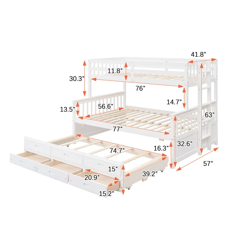 Twin Over Full Bunk Bed With Twin Size Trundle, Separable Bunk Bed With Drawers For Bedroom - White
