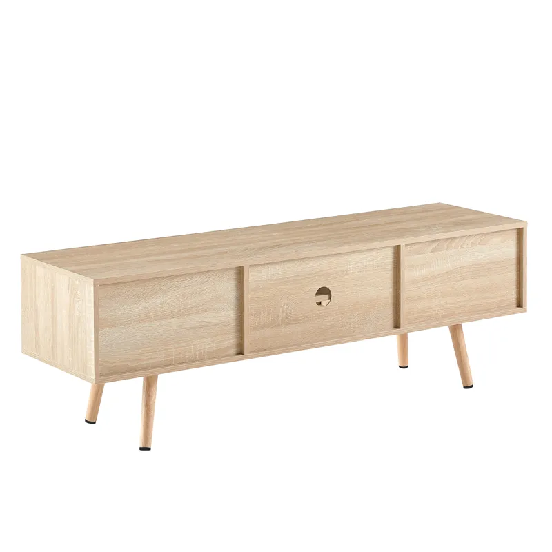 55.12\" Rattan TV Cabinet, Double Sliding Doors For Storage, Adjustable Shelf, Solid Wood Legs, TV C