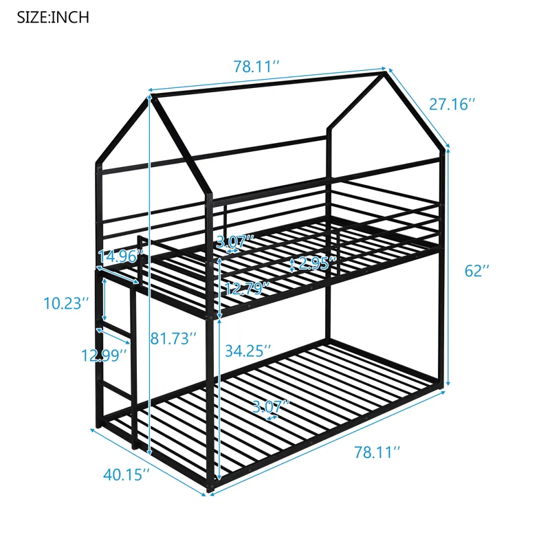 Bunk Beds For Kids Twin Over Twin, House Bunk Bed Metal Bed Frame Built-In Ladder, No Box Spring Nee